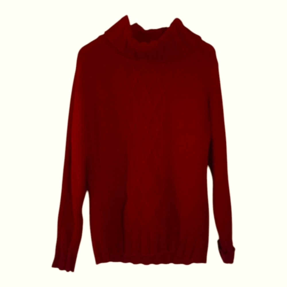 Eddie Bauer Cowl Neck Bullion Cable Red Cotton Oversized Sweater - Size: L